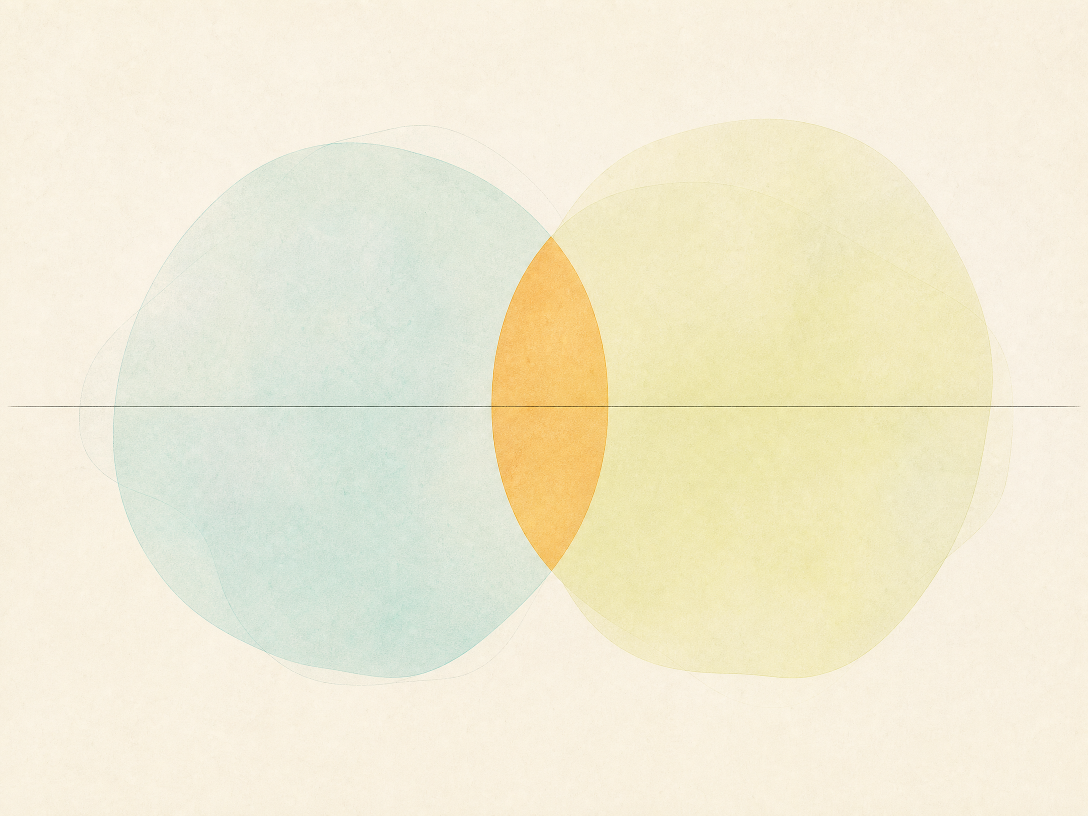 Formes translucides cyan et jaune-vert dont le recouvrement orange symbolise une preuve de valeur.